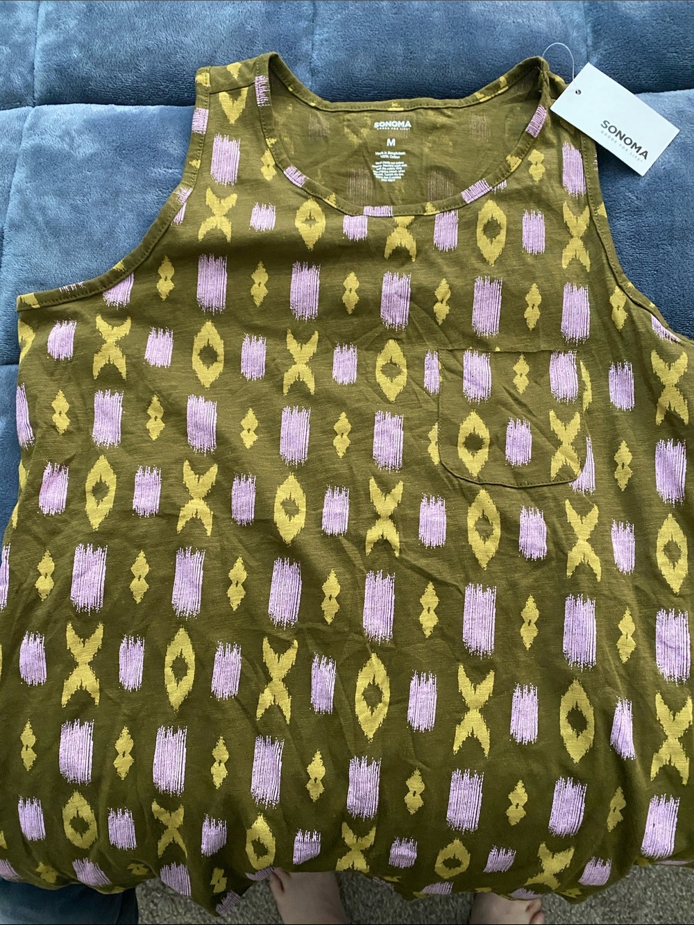Sonoma Olive Green Tank with Lavender and Mustard Ikat Motif